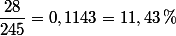 \dfrac{28}{245}=0,1143 =11,43\,\%